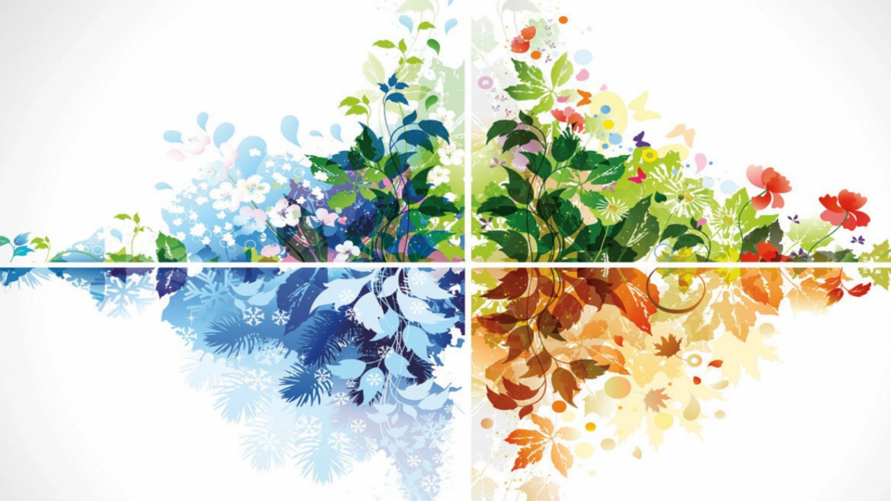 Colorful seasonal artwork showing spring flowers, summer greenery, autumn leaves, and winter snowflakes, representing how the season influences wedding dress fabric and style choices.