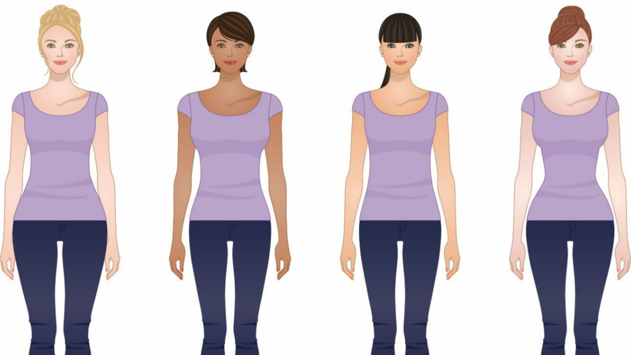 Illustrated comparison of different female body types used to help LDS brides choose flattering modest wedding dress styles for their unique shape