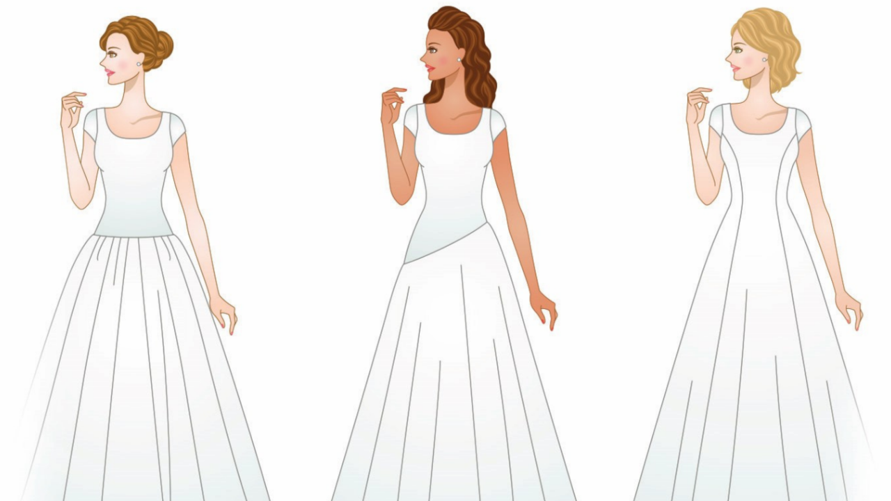 Illustrated comparison of wedding dress waistline styles including natural waist, asymmetrical waist, and princess seam designs to help brides choose the most flattering wedding gown silhouette.