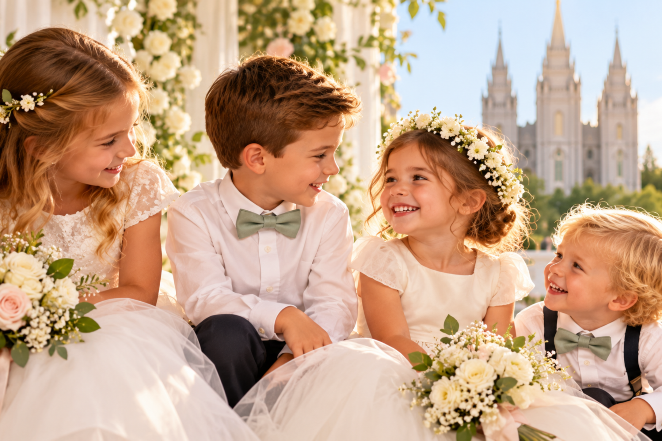 Four smiling children dressed as flower girls and ring bearers at an elegant LDS wedding, surrounded by blush and white flowers with the Salt Lake Temple in the background.