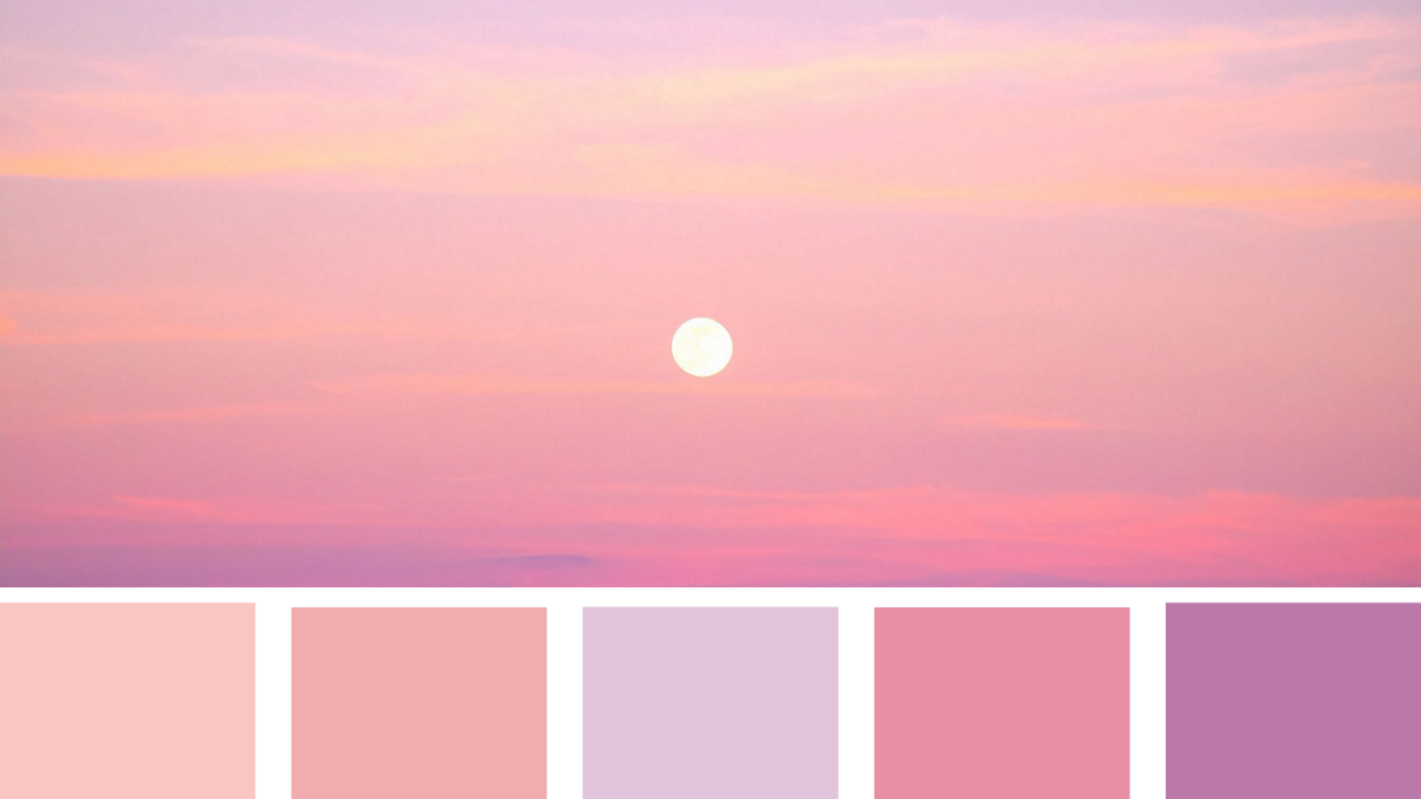 Soft pink sunset wedding color palette with blush, mauve, lavender, and rose color swatches created in Canva for LDS wedding inspiration.