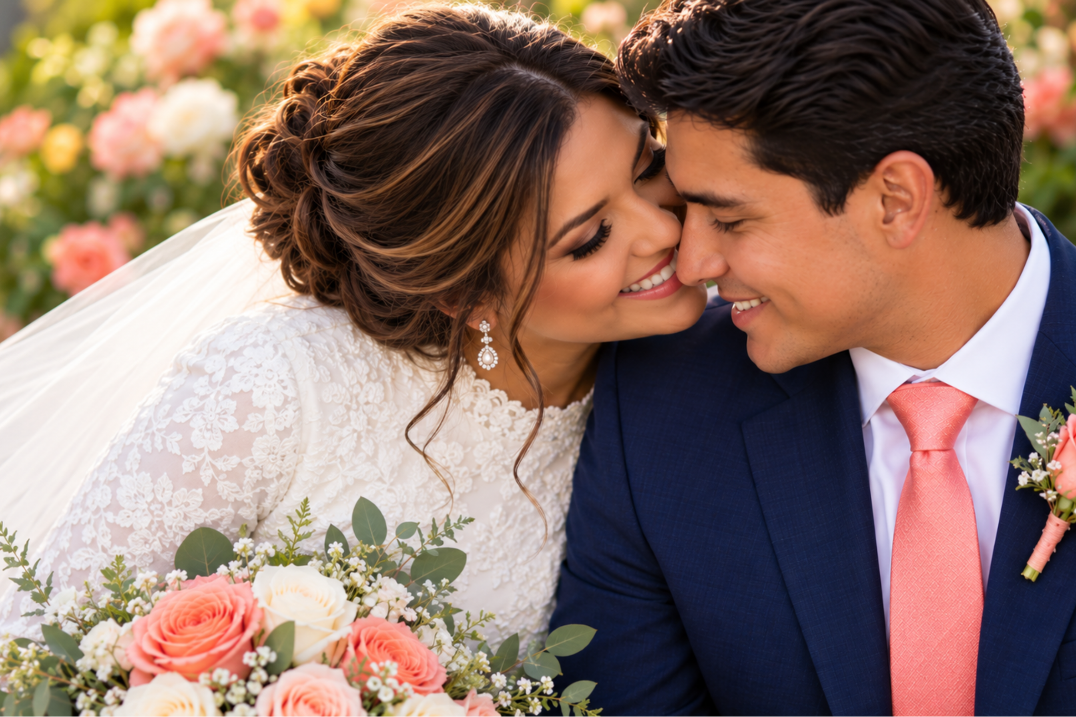 Happy Hispanic bride and groom sharing a romantic moment in a sunlit garden. The bride wears a modest white wedding gown with long, fully lined lace sleeves and holds a bouquet of coral and ivory roses. The groom wears a navy blue suit with a coral tie and matching rose boutonniere.