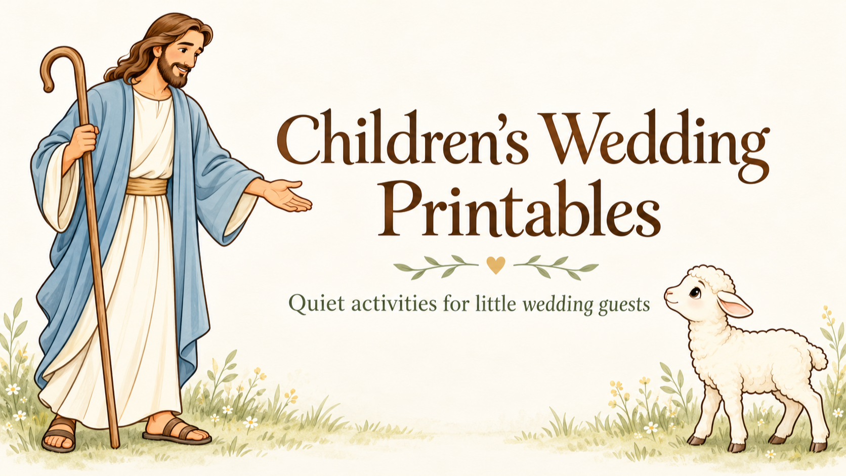 Softly colored illustration of Jesus Christ as the Good Shepherd and a little lamb beside the words Children’s Wedding Printables.