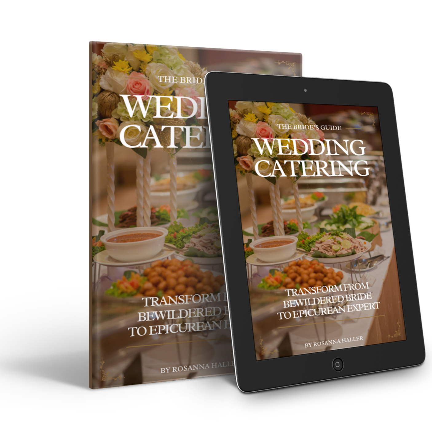 LDS Wedding Catering Guide eBook mockup showing cover on a tablet and printed book version