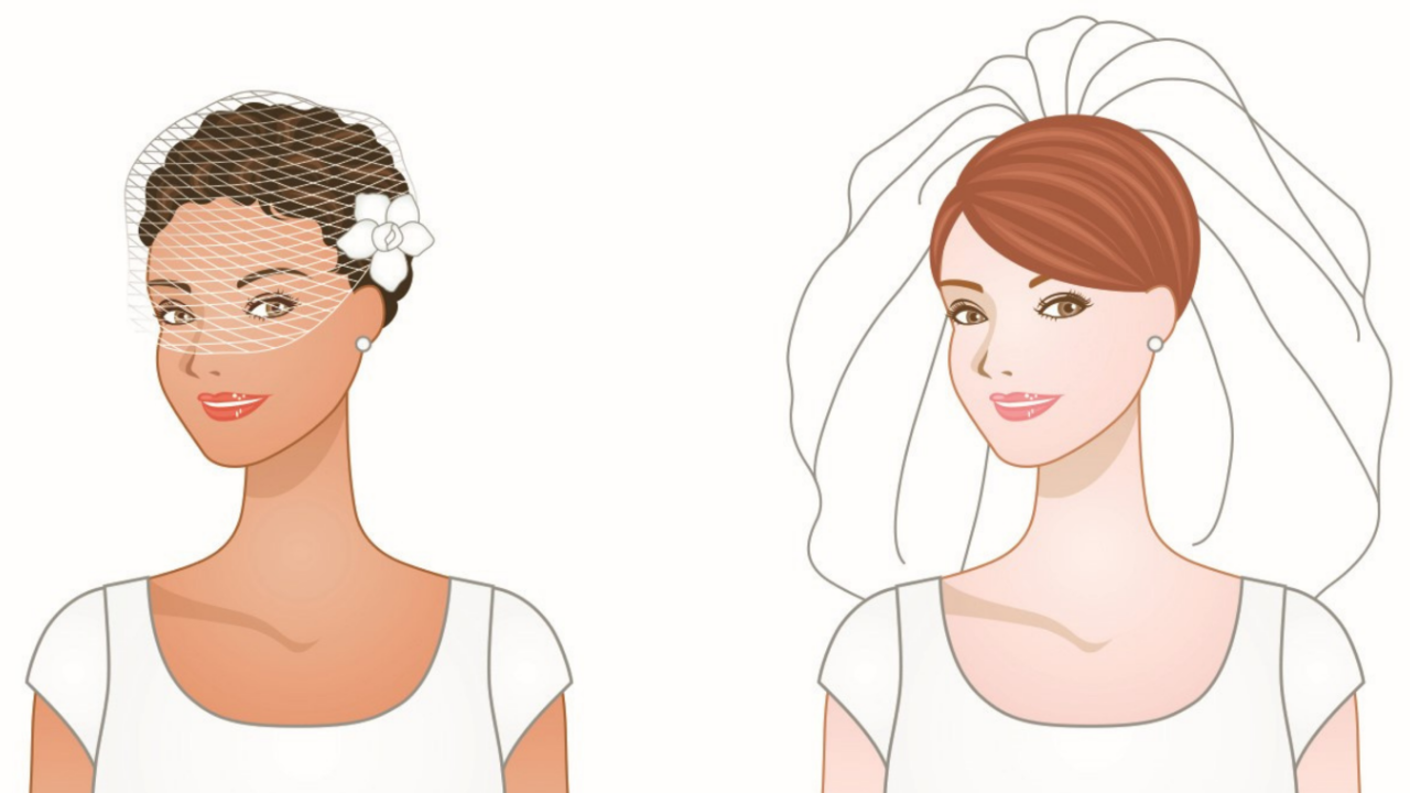 Illustration showing popular bridal headdresses and wedding veils, including a birdcage veil and traditional wedding veil, from The Bride's Guide to Finding the Perfect Wedding Dress.