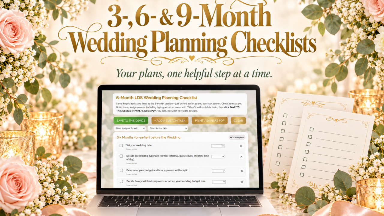 Wedding Planning Checklists — LDS bride writing in notebook with wedding rings and calendar nearby