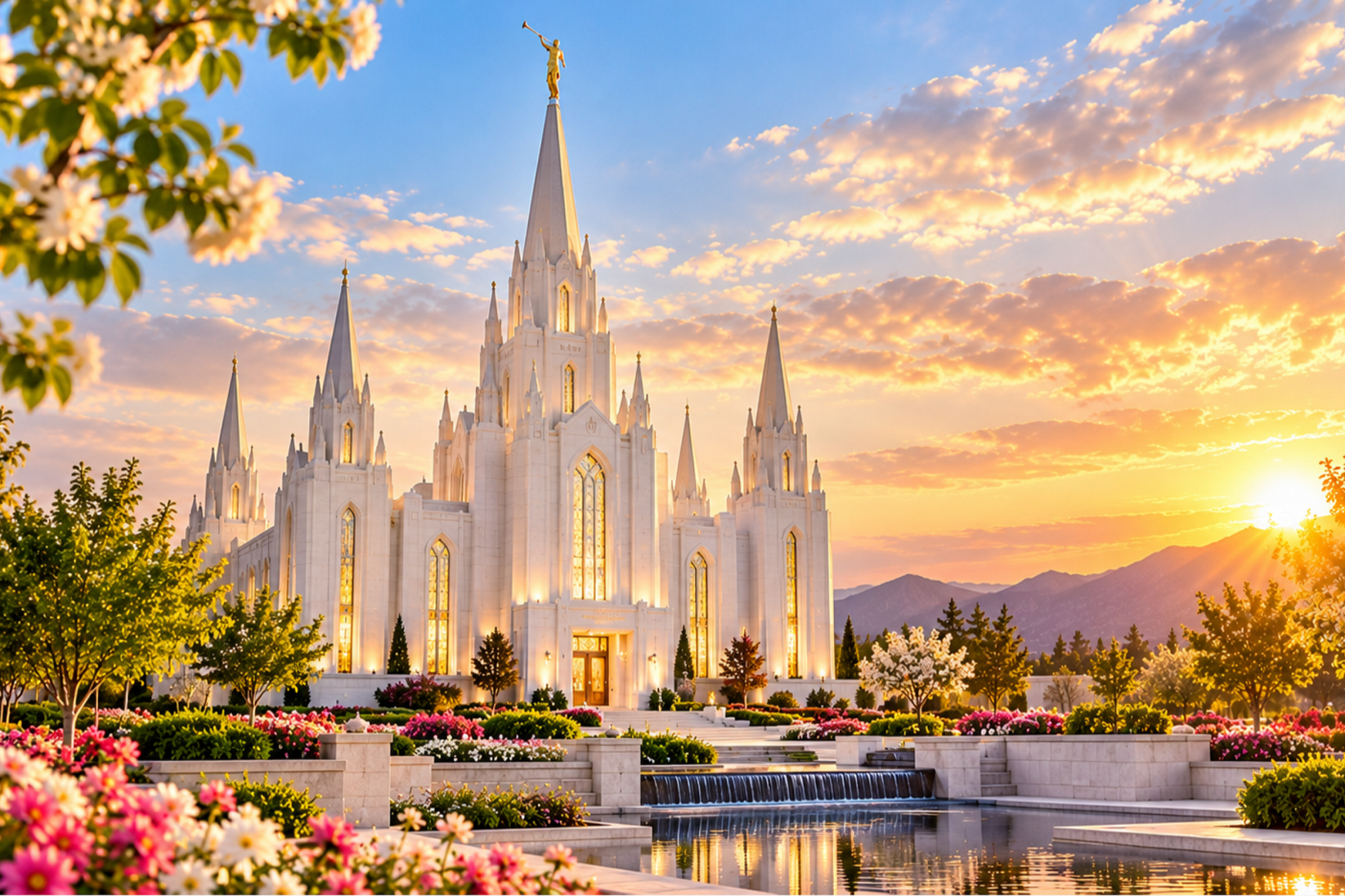 Beautiful white Latter-day Saint temple surrounded by colorful flower gardens, reflecting pools, and trees beneath a golden sunset sky.