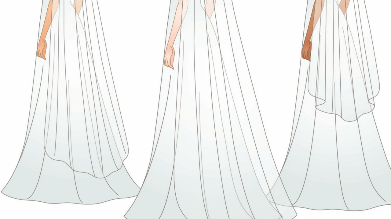 Illustration showing wedding veil lengths from shoulder-length through cathedral-length to help brides choose the perfect bridal veil for their wedding dress.