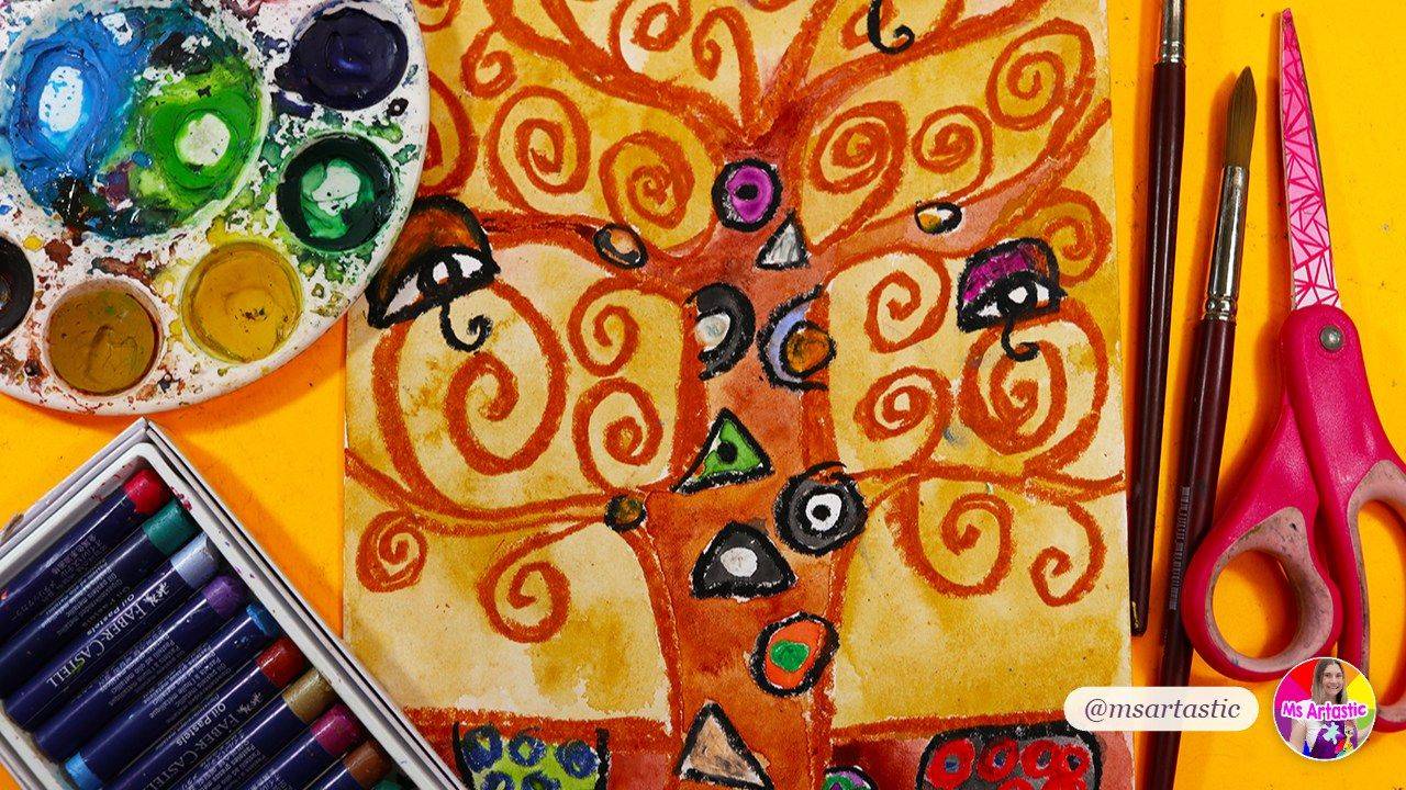 Gustav Klimt Tree of Life art lesson showing movement, one of the principles of design for kids