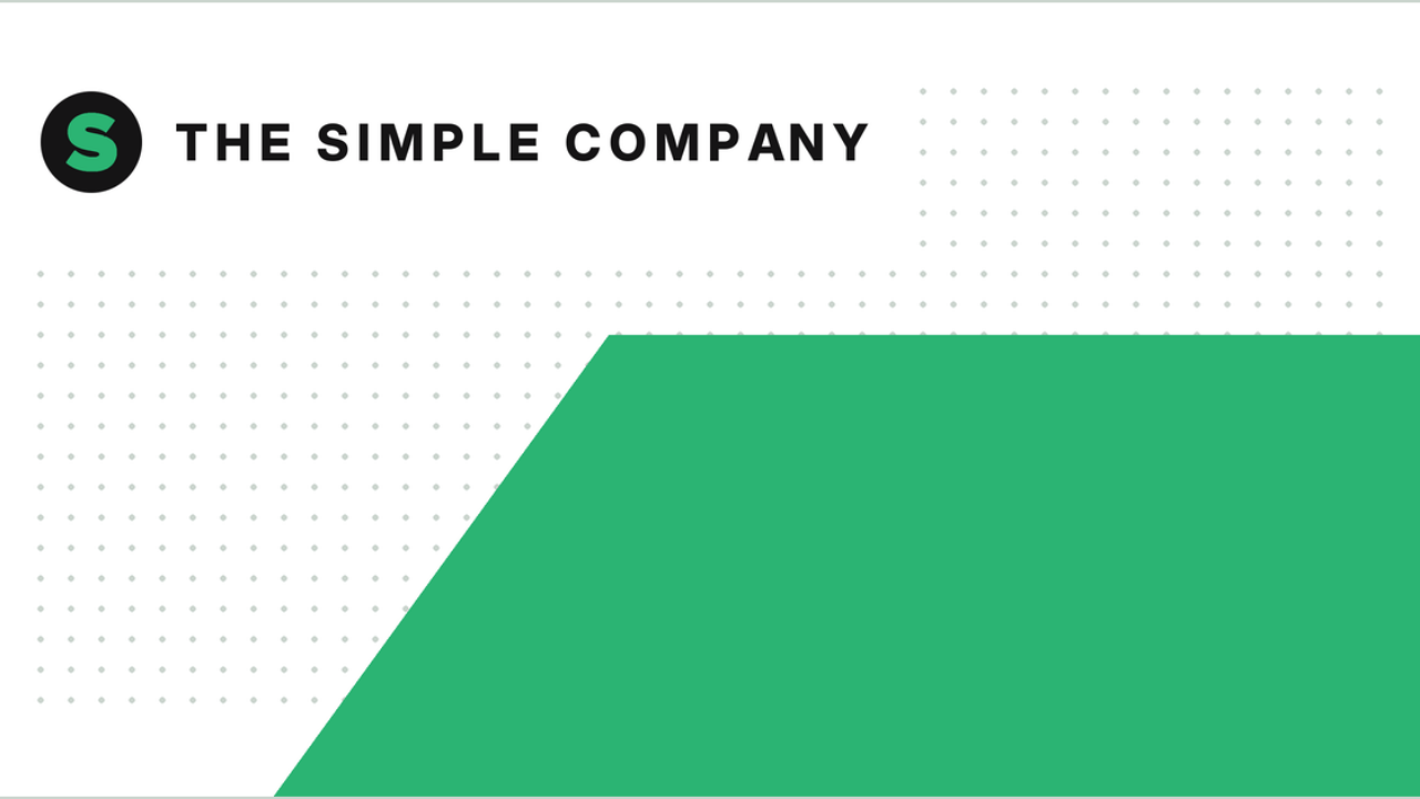The Simple Company logo on a white brand graphic with a dot grid and an angled green panel, for an article on how to explain what you do in one sentence.