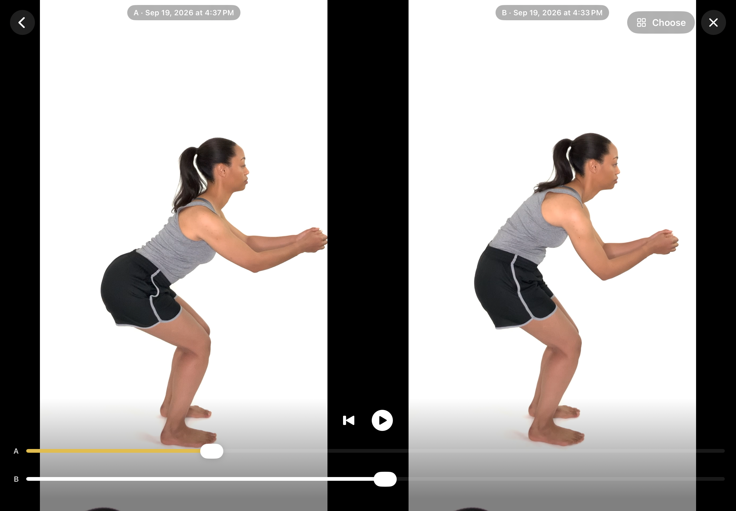 Two movement videos of a squat played side by side for comparison
