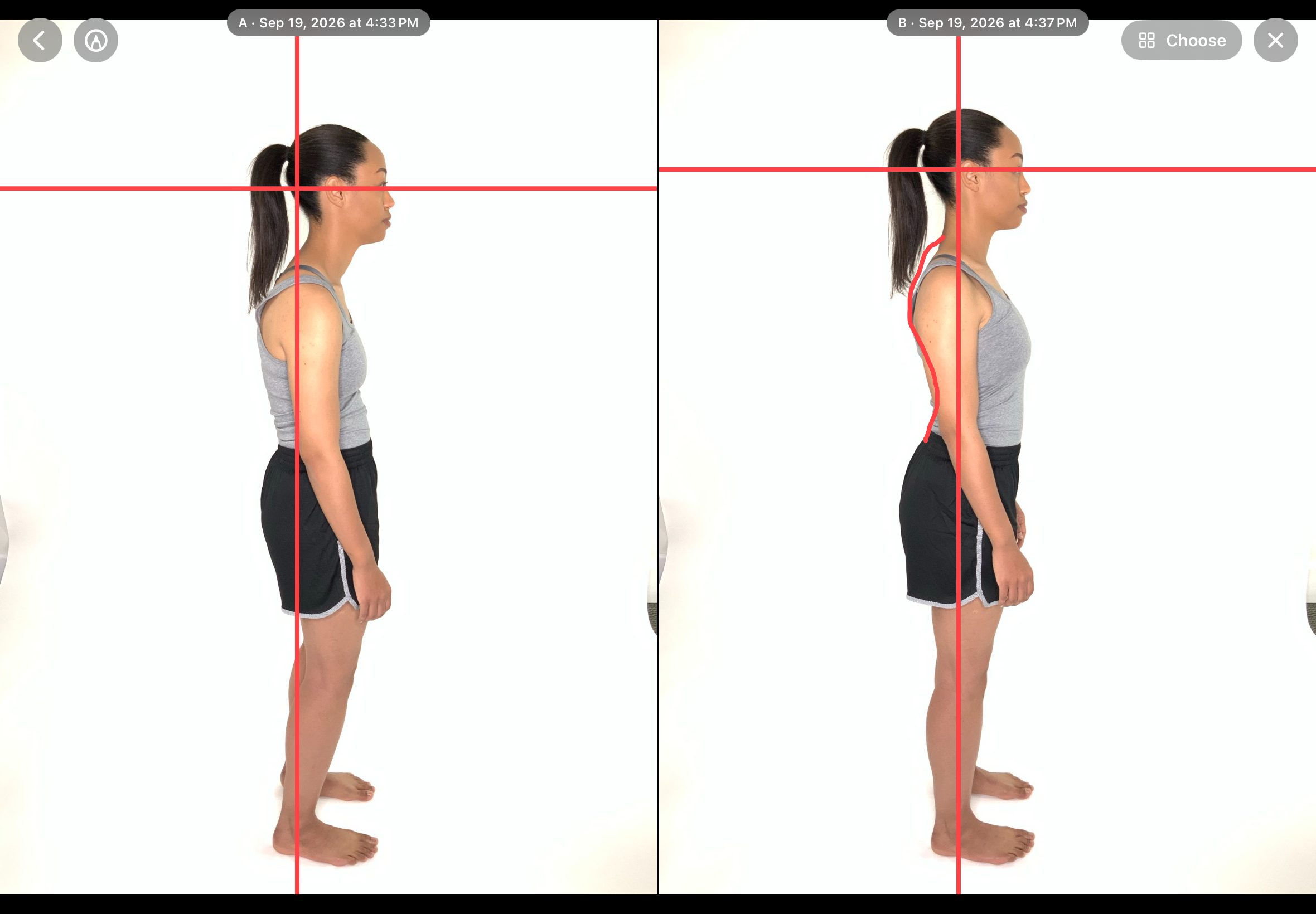 Two posture photos side by side with plumb and level reference lines