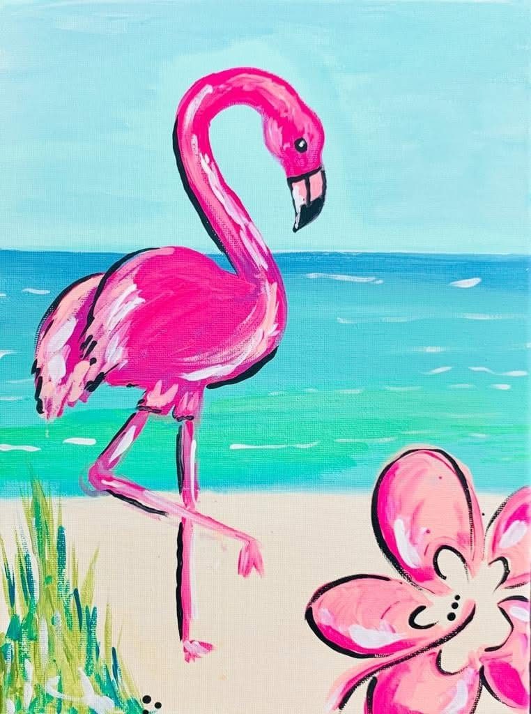 Flamingo canvas painting design for a paint and sip party in Cleveland