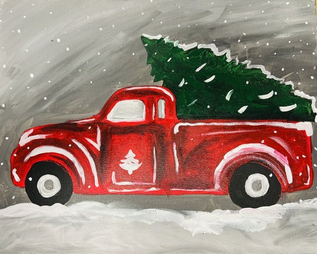 Winter Red Truck canvas painting design for a paint and sip party in Cleveland