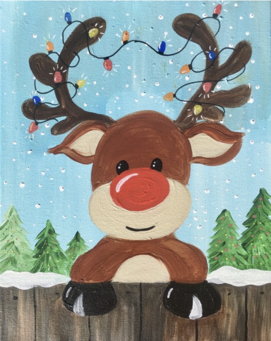 Winter Rudolph canvas painting design for a paint and sip party in Cleveland