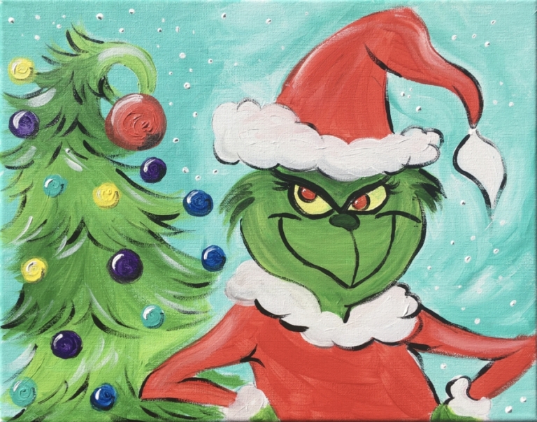 Winter Grinch canvas painting design for a paint and sip party in Cleveland