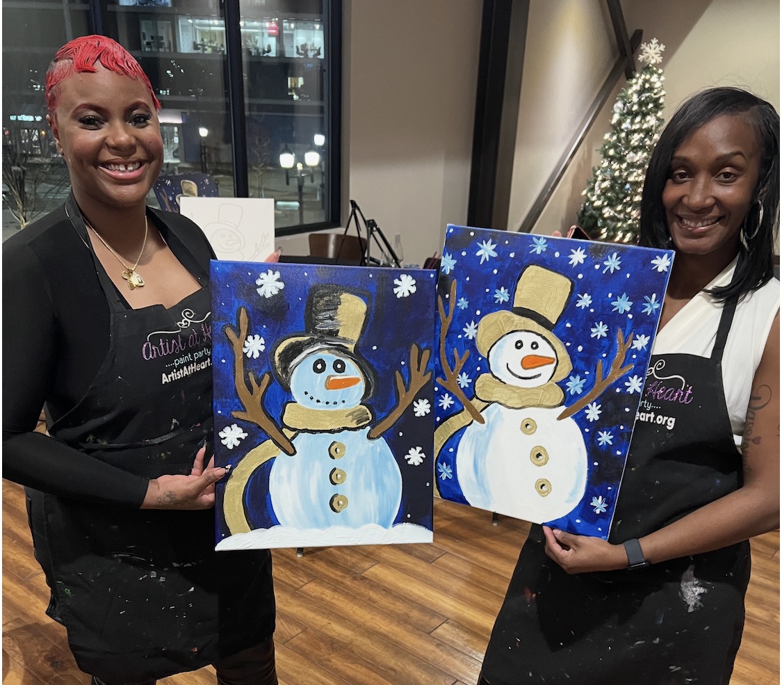 Winter Snowman canvas painting design for a paint and sip party in Cleveland