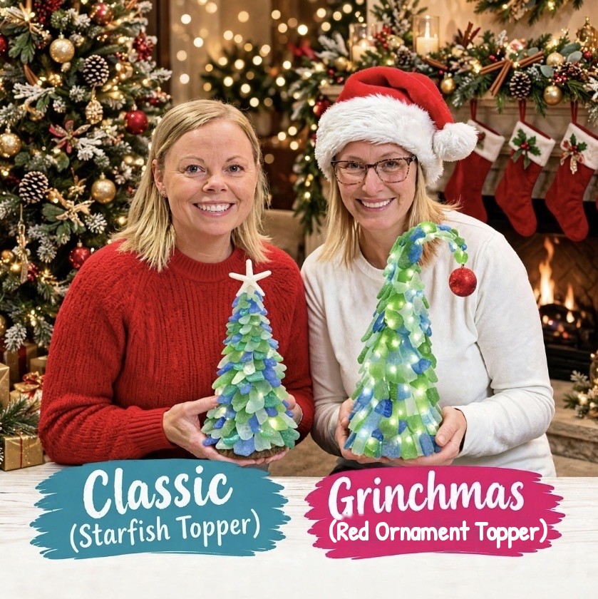 Classic and Grinchmas sea glass trees you can create at home with an Artist at Heart to-go kit in Cleveland