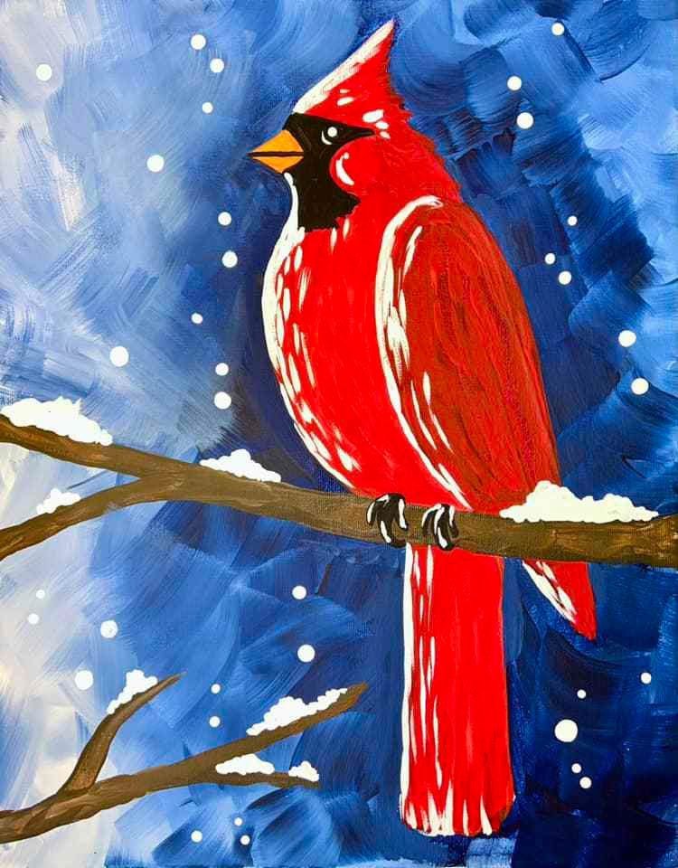 Winter Cardinal canvas painting design for a paint and sip party in Cleveland