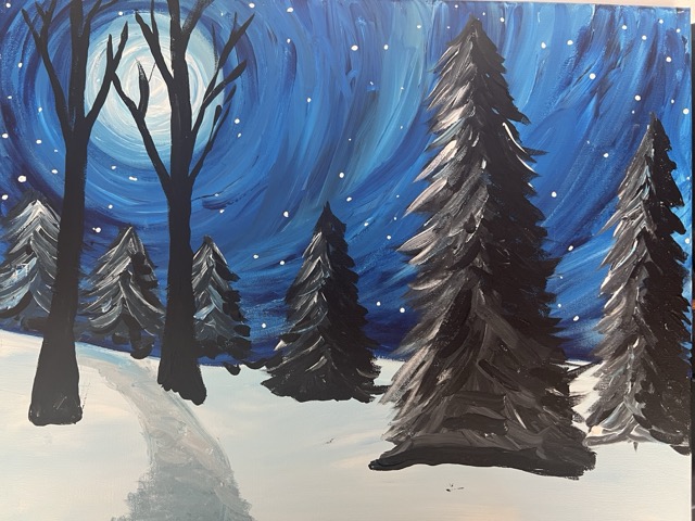 Winter Landscape canvas painting design for a paint and sip party in Cleveland