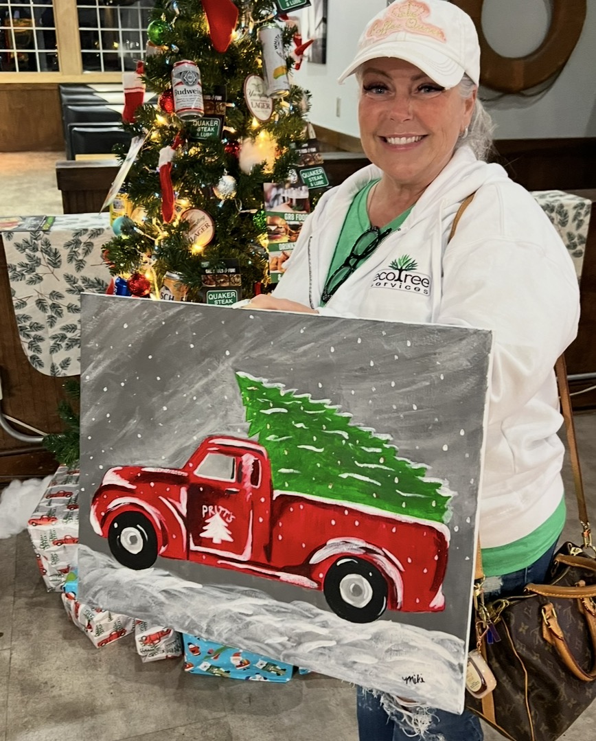 Winter Red Truck canvas painting design for a paint and sip party in Cleveland
