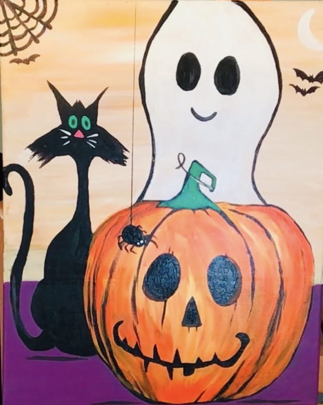 Ghost and Cats canvas painting design for a paint and sip party in Cleveland