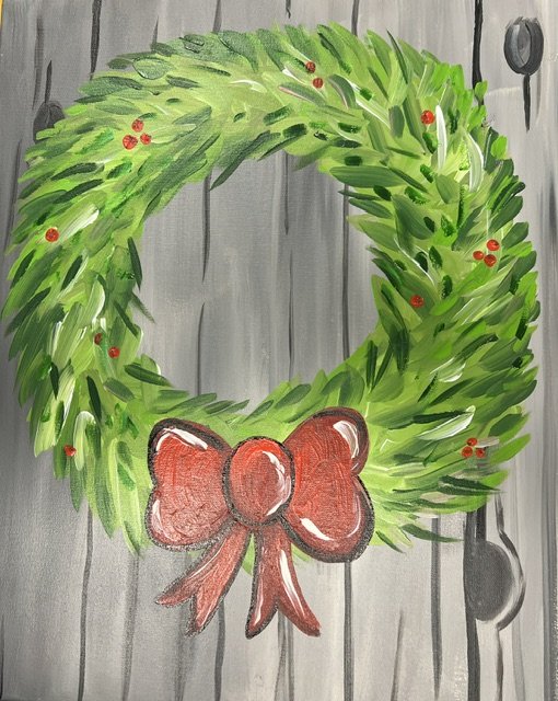 Winter Wreath canvas painting design for a paint and sip party in Cleveland