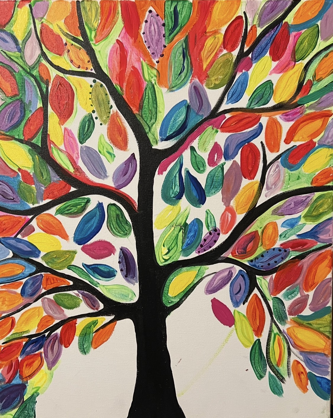 Colorful Tree canvas painting design for a paint and sip party in Cleveland