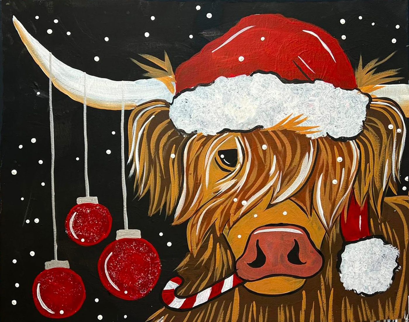 Winter Highland Cow canvas painting design for a paint and sip party in Cleveland