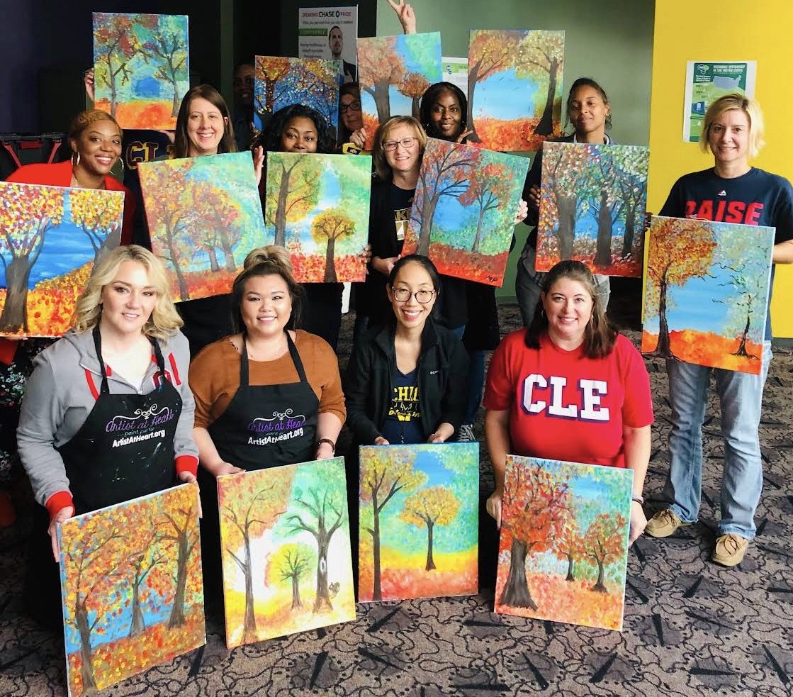 Guests at an Artist at Heart paint and sip party in Cleveland