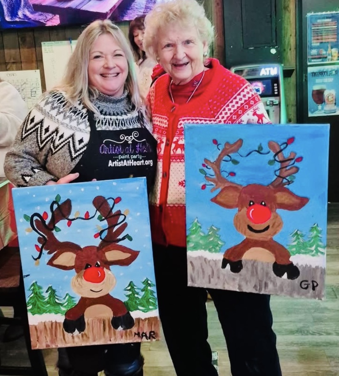 Winter Rudolph canvas painting design for a paint and sip party in Cleveland