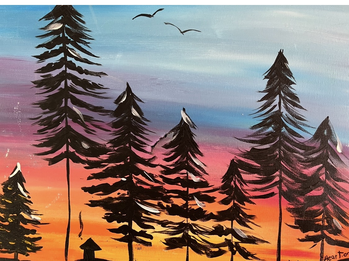 Pinetrees at Sunset canvas painting design for a paint and sip party in Cleveland