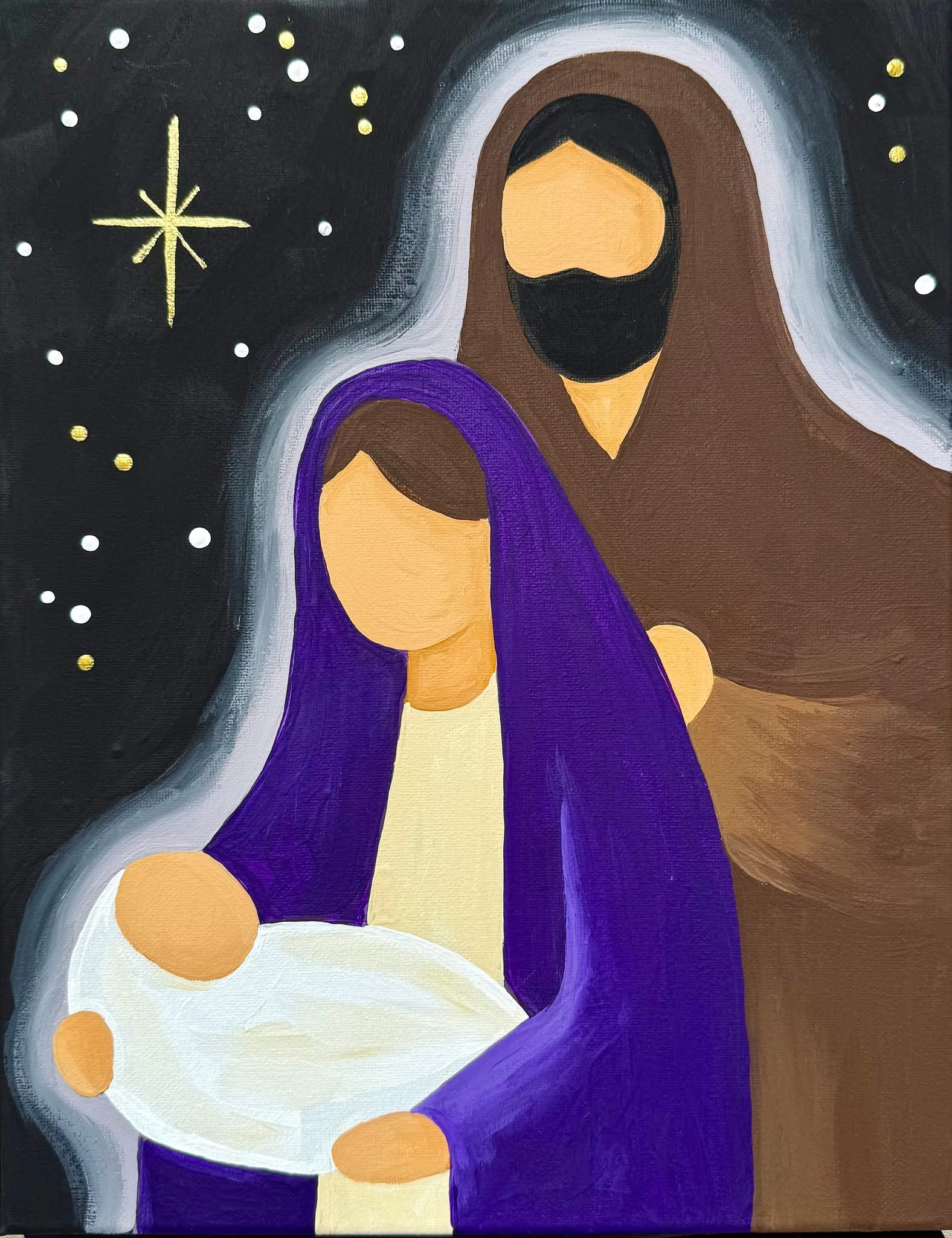 Winter Mary, Joseph and Jesus canvas painting design for a paint and sip party in Cleveland