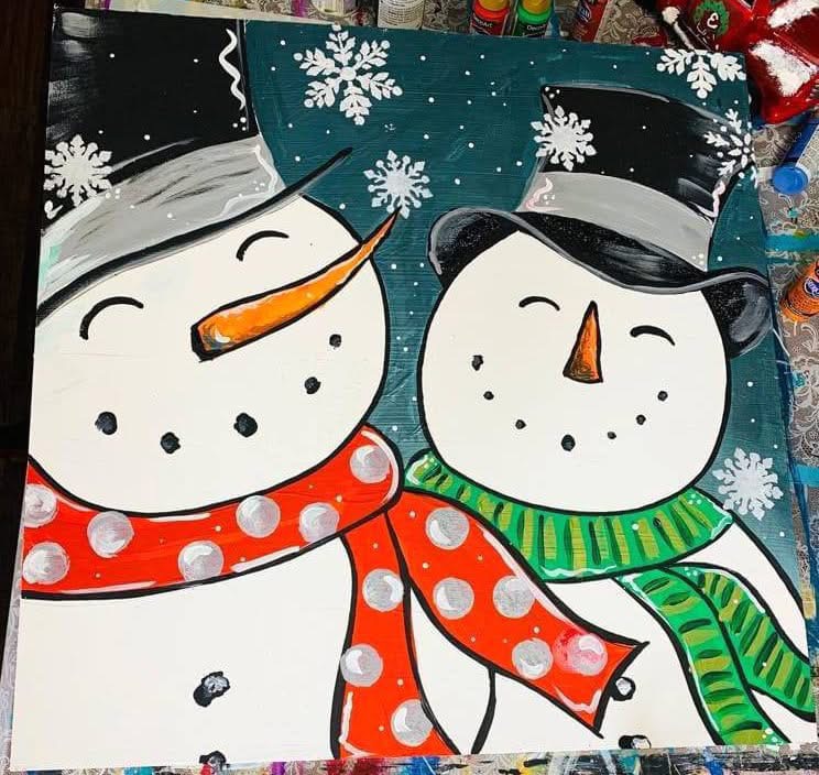 Winter Snowmen canvas painting design for a paint and sip party in Cleveland