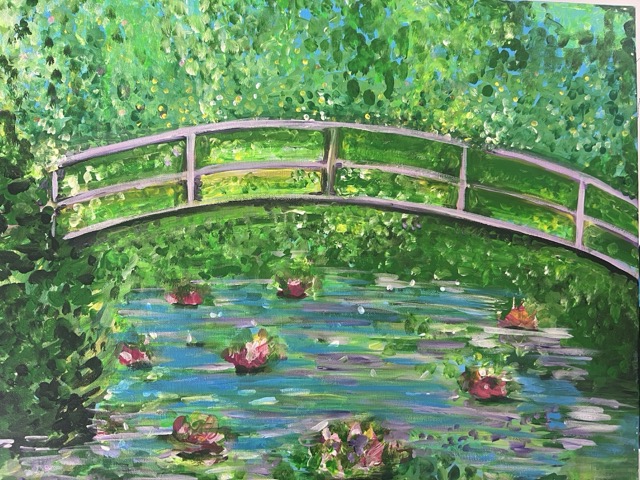 Monet's Bridge canvas painting design for a paint and sip party in Cleveland