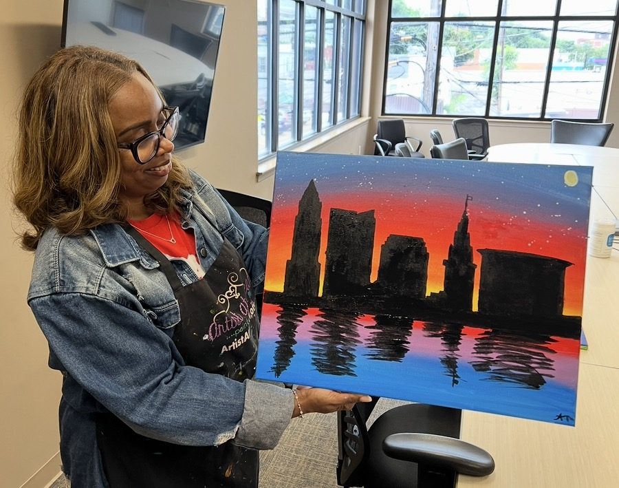 Guests at an Artist at Heart paint and sip party in Cleveland