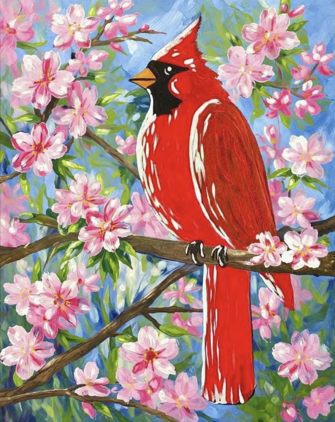 Cardinal canvas painting design for a paint and sip party in Cleveland