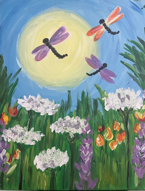 Dragonflies canvas painting design for a paint and sip party in Cleveland