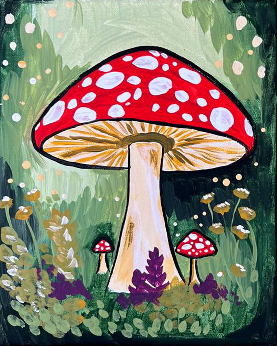 Mushrooms canvas painting design for a paint and sip party in Cleveland