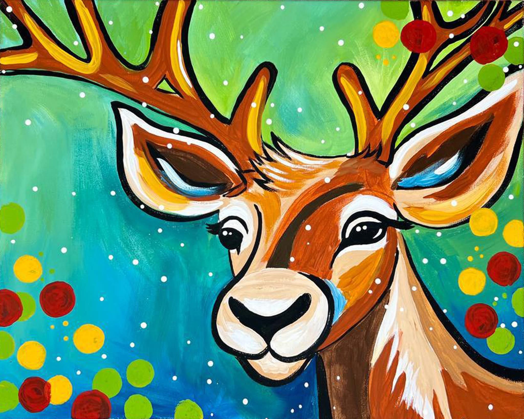 Winter Reindeer canvas painting design for a paint and sip party in Cleveland