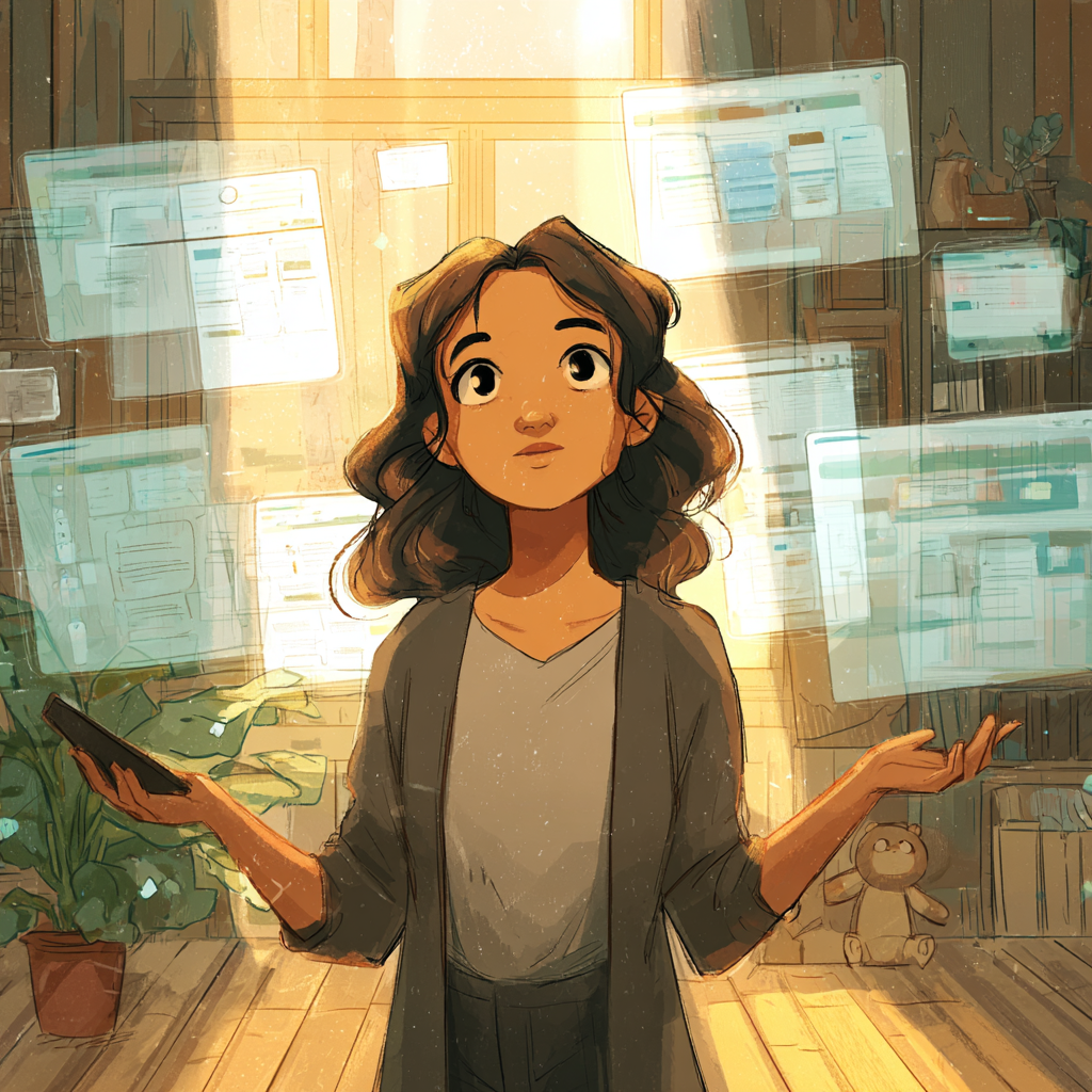 Midjourney artistic rendition of a BCBA named Alex stands in a softly lit ABA clinic in January. Around her are floating, translucent holographic panels showing schedules, incomplete intake forms, and stacked progress notes, styled like Minority Report interfaces. The environment itself feels Miyazaki-like, warm wood floors, sunlight through windows, plants and therapy toys nearby. Alex looks calm but visibly burdened, hands slightly raised as if steadying the floating information. ABA clinic details like visual schedules, PECS icons, and data sheets are clearly visible. Alex is a mid-career BCBA, Latina, early 30s, warm but focused expression, medium tan skin, dark wavy shoulder-length hair, professional-casual clinic attire (cardigan or blazer over a simple top), subtle ABA notebook or tablet always nearby. She appears thoughtful, grounded, and human, never heroic or dystopian in the style of Hayao Miyazaki&nbsp;