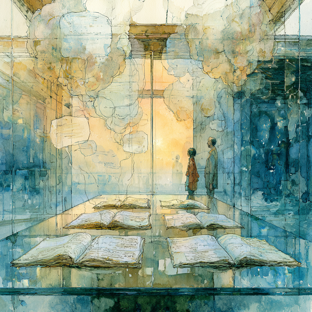 Midjourney artistic rendition of a cinematic watercolor illustration inspired by Hayao Miyazaki with subtle Westworld architectural influences. A quiet conference room contains six open clinical records spread across a polished glass table. Above each record, faint translucent conversation lines and partially formed speech bubbles drift upward like evaporating watercolor, dissolving before they reach the ceiling. The papers remain perfectly preserved while the conversations themselves quietly disappear. Juniper and Rowan stand silently beside the table watching the fading traces, neither attempting to stop them. Warm sunset light fills the room while cool blue reflections shimmer through the surrounding glass walls. The mood is contemplative rather than supernatural, symbolizing professional knowledge that existed only in discussion. Fine ink linework, soft watercolor textures, restrained emotion, cinematic environmental storytelling, no fantasy elements, no readable text, no logos in the style of Hayao Miyazaki Midjourney artistic rendition of a cinematic watercolor illustration inspired by Hayao Miyazaki with subtle Westworld architectural influences. A quiet conference room contains six open clinical records spread across a polished glass table. Above each record, faint translucent conversation lines and partially formed speech bubbles drift upward like evaporating watercolor, dissolving before they reach the ceiling. The papers remain perfectly preserved while the conversations themselves quietly disappear. Juniper and Rowan stand silently beside the table watching the fading traces, neither attempting to stop them. Warm sunset light fills the room while cool blue reflections shimmer through the surrounding glass walls. The mood is contemplative rather than supernatural, symbolizing professional knowledge that existed only in discussion. Fine ink linework, soft watercolor textures, restrained emotion, cinematic environmental storytelling, no fantasy elements, no readable text, no logos in the style of Hayao Miyazaki
