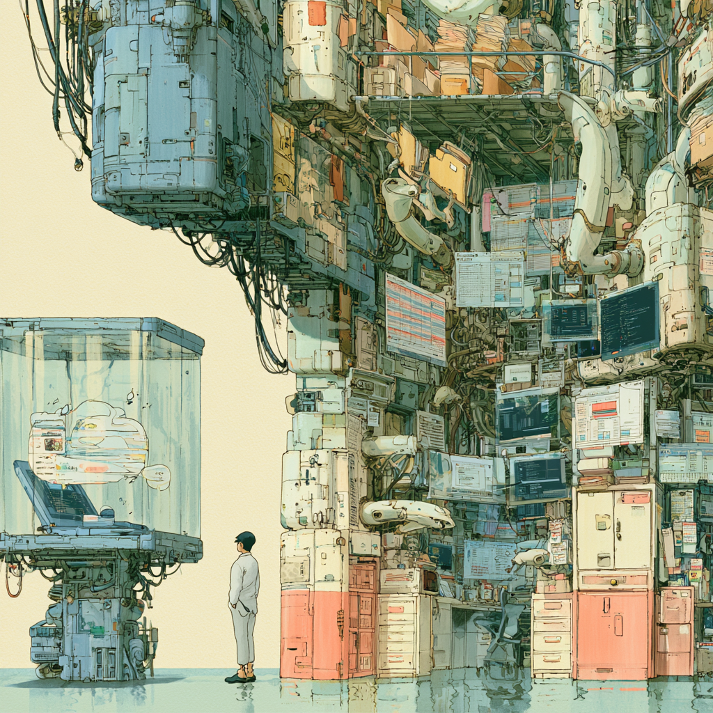 Midjourney artistic rendition of a behavior analyst stands between two contrasting workspaces. On the left, a small, tidy laptop displays an abstract browser-chat window inside a transparent glass enclosure--useful, calm, and contained. On the right, an enormous but elegant computer workshop fills the room, with gentle mechanical arms and branching cables reaching into folders, spreadsheets, analytics dashboards, code windows, calendars, and filing cabinets. Include visible permission gates and one securely locked cabinet representing protected clinical information. Emphasize the difference between limited conversational access and broad workspace access without making the larger system sinister. Muted dusty blue, sage green, warm cream, pale ochre, and restrained coral accents. Sophisticated, approachable, lightly whimsical, generous negative space. No text, logos, recognizable interfaces, readable records, photorealism, neon, or dystopian imagery in the style of Hayao Miyazaki&nbsp;