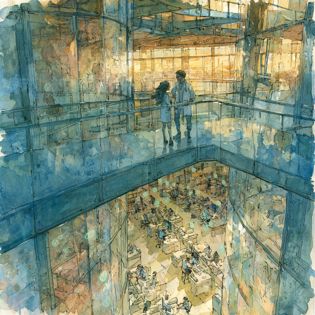Midjourney artistic rendition of a cinematic watercolor illustration inspired by Hayao Miyazaki with the architectural elegance of HBO’s Westworld. Inside a bright, glass-walled behavioral health clinic, Juniper and Vale quietly stand on an elevated mezzanine overlooking the open clinical workspace below. Dozens of clinicians work independently at minimalist desks throughout the clinic. Above only a handful of workstations, tiny soft green approval checkmarks glow almost imperceptibly, reflected faintly in the surrounding glass. The symbols are subtle enough that most viewers would not notice them immediately. Juniper studies the clinic with concern while Vale calmly observes operational success, unaware of the invisible contingencies unfolding below. Warm golden afternoon sunlight contrasts with cool blue architectural glass, creating a quiet atmosphere of realization. Elegant ink linework, delicate watercolor washes, cinematic environmental storytelling, realistic proportions, no fantasy elements, no text, no logos in the style of Hayao Miyazaki Midjourney artistic rendition of a cinematic watercolor illustration inspired by Hayao Miyazaki with the architectural elegance of HBO’s Westworld. Inside a bright, glass-walled behavioral health clinic, Juniper and Vale quietly stand on an elevated mezzanine overlooking the open clinical workspace below. Dozens of clinicians work independently at minimalist desks throughout the clinic. Above only a handful of workstations, tiny soft green approval checkmarks glow almost imperceptibly, reflected faintly in the surrounding glass. The symbols are subtle enough that most viewers would not notice them immediately. Juniper studies the clinic with concern while Vale calmly observes operational success, unaware of the invisible contingencies unfolding below. Warm golden afternoon sunlight contrasts with cool blue architectural glass, creating a quiet atmosphere of realization. Elegant ink linework, delicate watercolor washes, cinematic environmental storytelling, realistic proportions, no fantasy elements, no text, no logos in the style of Hayao Miyazaki