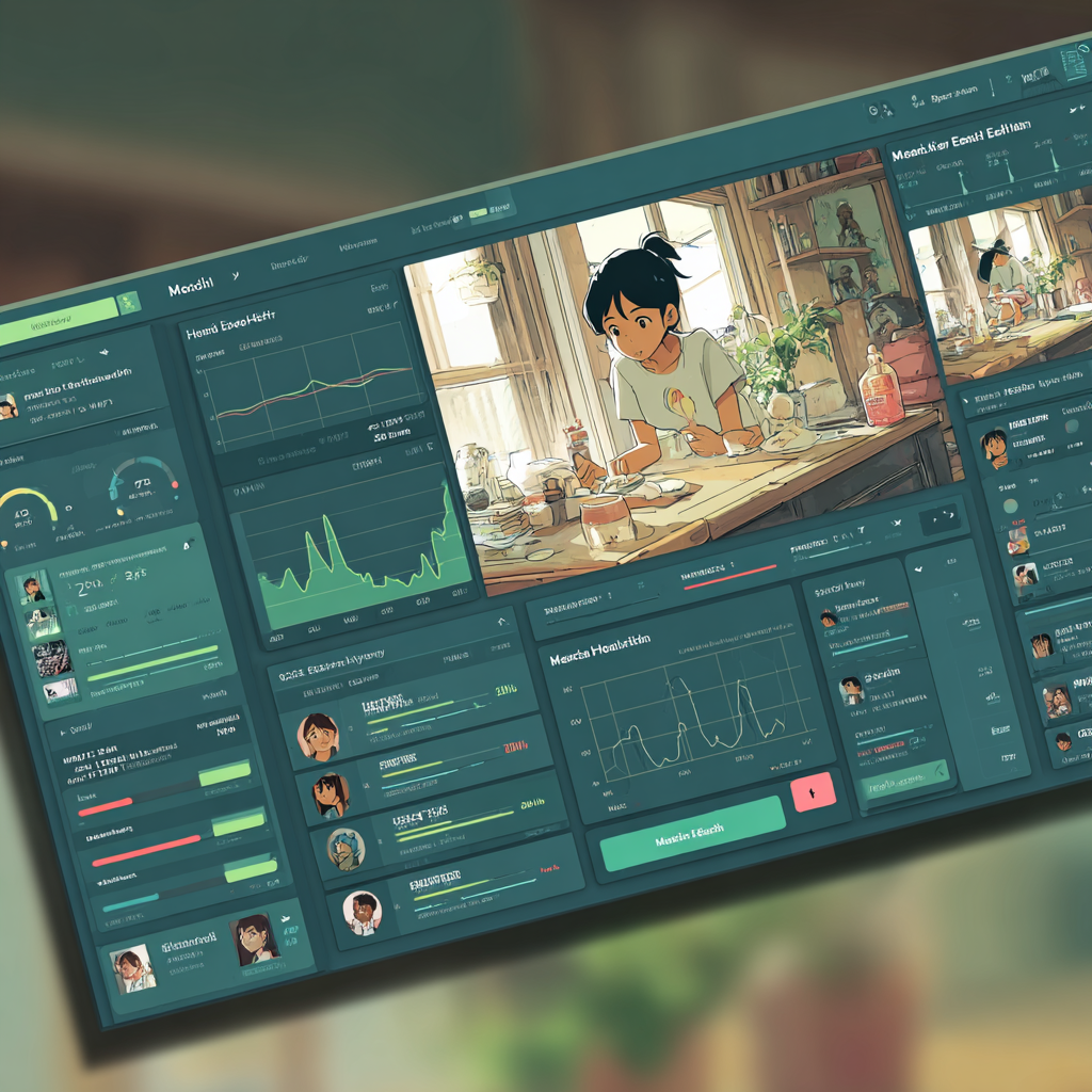 Midjourney artistic rendition of a lean, modern dashboard glowing green with "Model Health: Excellent," simplified risk labels floating over blurred client profiles, polished UI aesthetic, everything visually perfect, bright and reassuring, slight artificial gloss. Contrast with a fractured dashboard slightly distorted, labels misaligned with real human situations in the background (family, clinician, child), subtle cracks in interface, lighting darker, tension between clean UI and messy reality in the style of Hayao Miyazaki&nbsp;