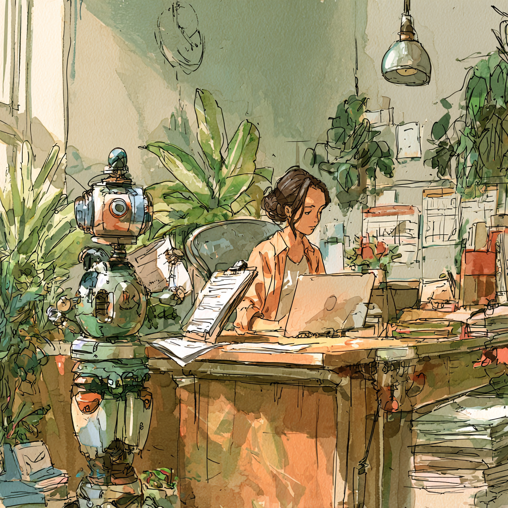 Midjourney artistic rendition of a cinematic, hand-painted 2D animation scene inside a warm, plant-filled behavioral science office. A behavior analyst sits at a wooden desk beside a small, original mechanical AI assistant. Before beginning its work, the assistant carefully studies a single-page protocol resting beside an open laptop. Clipboards, simple data sheets, books, and subtle graphs suggest applied behavior analysis without showing clients or confidential information. Soft afternoon light, watercolor-textured backgrounds, expressive original characters, natural muted colors, quiet sense of discovery, professional but inviting, richly detailed environment, wide 16:9 editorial composition, generous negative space for a newsletter headline, no readable text, no logos in the style of Hayao Miyazaki&nbsp;