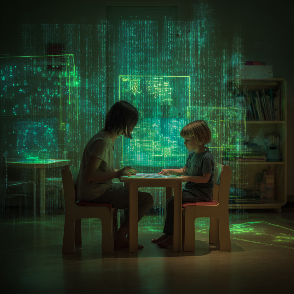 Midjourney artistic rendition A young BCBA, a child in the same shot. The BCBA sits beside the child at a small therapy table inside an ABA classroom, but the entire room is subtly transformed into a Matrix environment. Soft green code-rain drifts down the walls, and the furniture has gentle neon-green edge lighting, as if outlined in wireframe. A floating translucent dashboard hovers above the table, glowing in Matrix green, displaying only abstract shapes and blurry silhouettes--not numbers. The child engages with the BCBA in the foreground, while a Morpheus-like figure stands behind them, slightly blurred, watching as a quiet guide. The overall scene remains warm, human, and clinical, but with a strong Matrix color palette--deep blacks, emerald greens, and soft neon highlights. Tone: contemplative, not technical. Midjourney artistic rendition A young BCBA, a child in the same shot. The BCBA sits beside the child at a small therapy table inside an ABA classroom, but the entire room is subtly transformed into a Matrix environment. Soft green code-rain drifts down the walls, and the furniture has gentle neon-green edge lighting, as if outlined in wireframe. A floating translucent dashboard hovers above the table, glowing in Matrix green, displaying only abstract shapes and blurry silhouettes--not numbers. The child engages with the BCBA in the foreground, while a Morpheus-like figure stands behind them, slightly blurred, watching as a quiet guide. The overall scene remains warm, human, and clinical, but with a strong Matrix color palette--deep blacks, emerald greens, and soft neon highlights. Tone: contemplative, not technical.