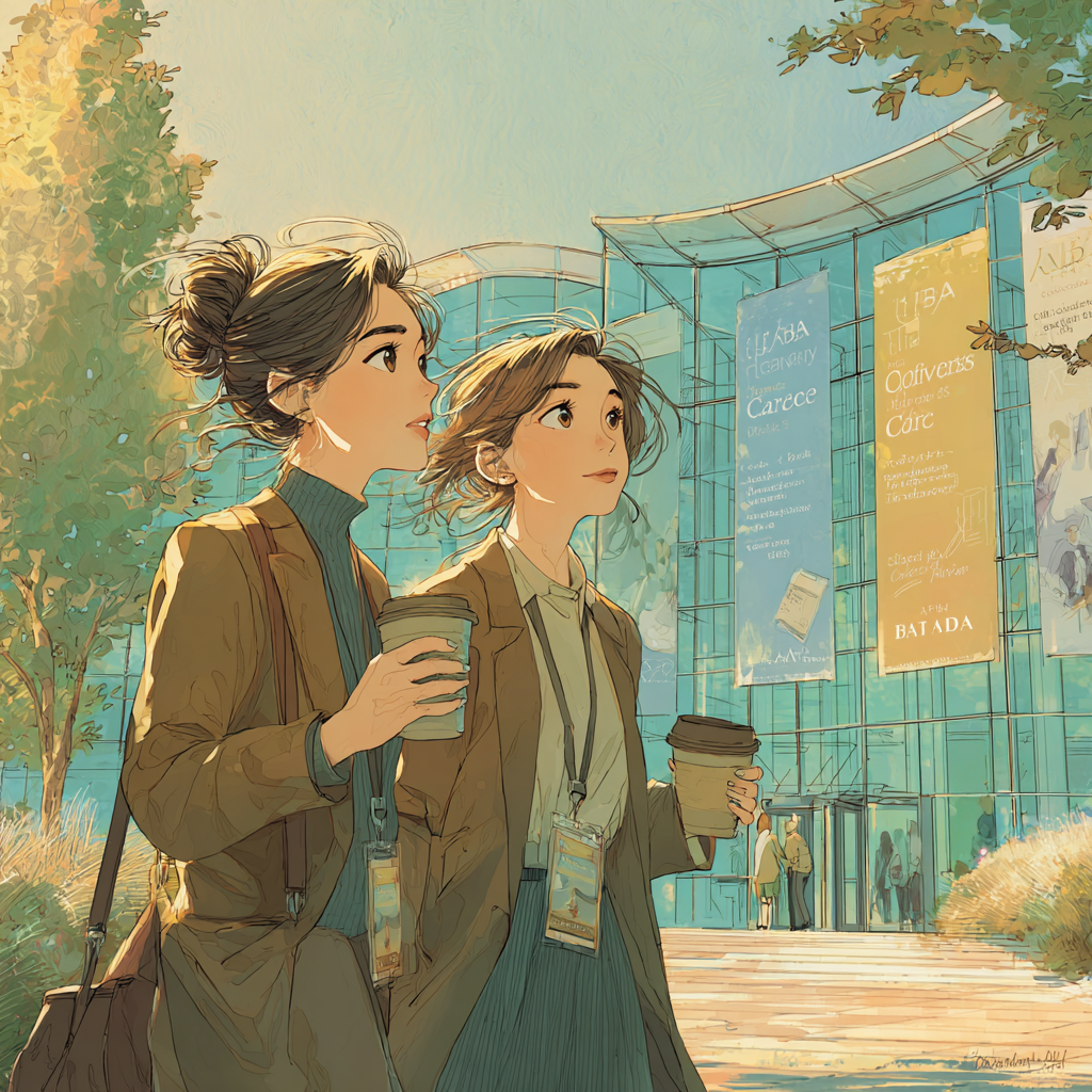 Midjourney artistic rendition two behavior analysts (one 35 years old, one 28 years old, both women) walking outside a modern conference center in the early morning, soft sunlight, trees and glass buildings, holding coffee cups, deep conversation, calm expressions, cinematic framing, detailed facial emotion, Studio Ghibli / Hayao Miyazaki style, warm color palette, subtle wind movement, peaceful but thoughtful tone. Conference banners behind them that say "Optimize Care" and "ABA Conference" in the style of Hayao Miyazaki Midjourney artistic rendition two behavior analysts (one 35 years old, one 28 years old, both women) walking outside a modern conference center in the early morning, soft sunlight, trees and glass buildings, holding coffee cups, deep conversation, calm expressions, cinematic framing, detailed facial emotion, Studio Ghibli / Hayao Miyazaki style, warm color palette, subtle wind movement, peaceful but thoughtful tone. Conference banners behind them that say "Optimize Care" and "ABA Conference" in the style of Hayao Miyazaki