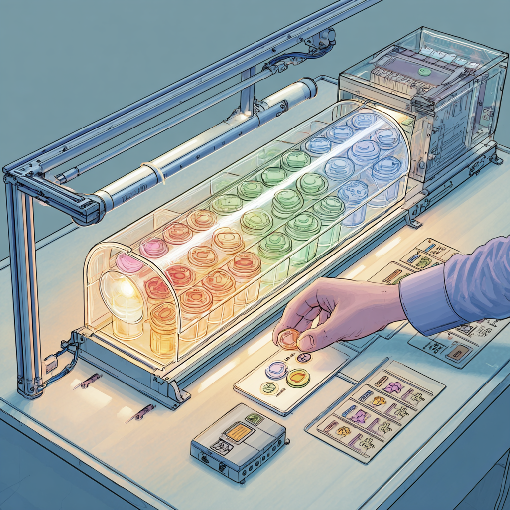 Midjourney artistic rendition in the style of Hayao Miyazaki. A single transparent pipeline (clear acrylic tube) runs left to right across a sterile clinic desk. Colored tokens (representing clients) enter, some drop out through side gaps (missingness), some get stamped with inconsistent icons (label variability), then hit a final gate with an adjustable glowing threshold slider. A BCBA’s hand adjusts the threshold.