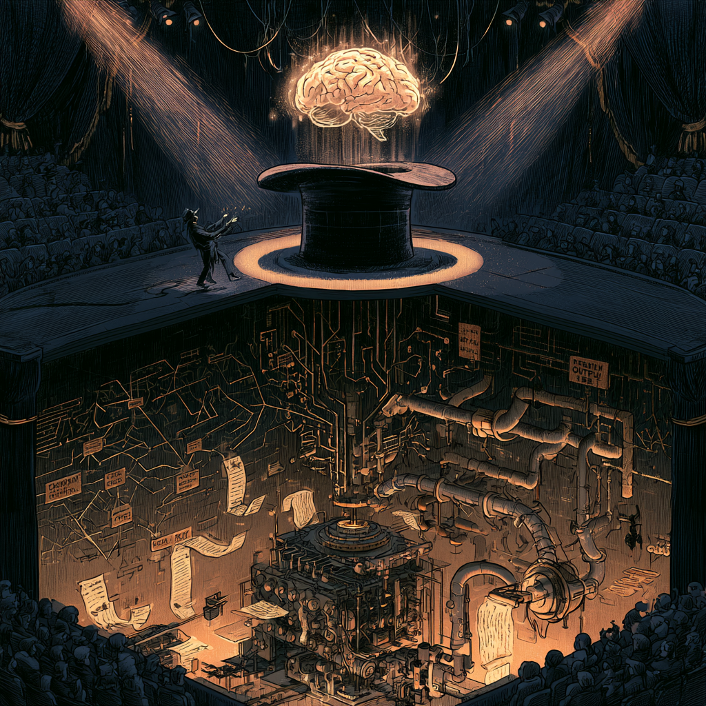 Midjourney artistic rendition of a cinematic cross-section of a magician performing a brain-from-a-hat illusion onstage. From the audience’s perspective, a glowing brain appears above the hat, suggesting intelligence, thought, and mystery. Cut away the stage floor so the hidden machinery is visible underneath: a neural network, branching signal pathways, text fragments moving through tubes, feedback loops, and a mechanism that repeatedly feeds generated output back into the system as new input. The illusion above the stage should be dramatic, while the engineering below should be ordinary, precise, and understandable. The central idea is that AI "thinking" is an impressive engineered effect produced by feedback, additional computation, and intermediate outputs--not a mind inside the machine. Moody theater lighting, deep navy and black with amber highlights, polished editorial illustration, no mystical symbols, no human-like AI face, no readable text in the style of Hayao Miyazaki Midjourney artistic rendition of a cinematic cross-section of a magician performing a brain-from-a-hat illusion onstage. From the audience’s perspective, a glowing brain appears above the hat, suggesting intelligence, thought, and mystery. Cut away the stage floor so the hidden machinery is visible underneath: a neural network, branching signal pathways, text fragments moving through tubes, feedback loops, and a mechanism that repeatedly feeds generated output back into the system as new input. The illusion above the stage should be dramatic, while the engineering below should be ordinary, precise, and understandable. The central idea is that AI "thinking" is an impressive engineered effect produced by feedback, additional computation, and intermediate outputs--not a mind inside the machine. Moody theater lighting, deep navy and black with amber highlights, polished editorial illustration, no mystical symbols, no human-like AI face, no readable text in the style of Hayao Miyazaki